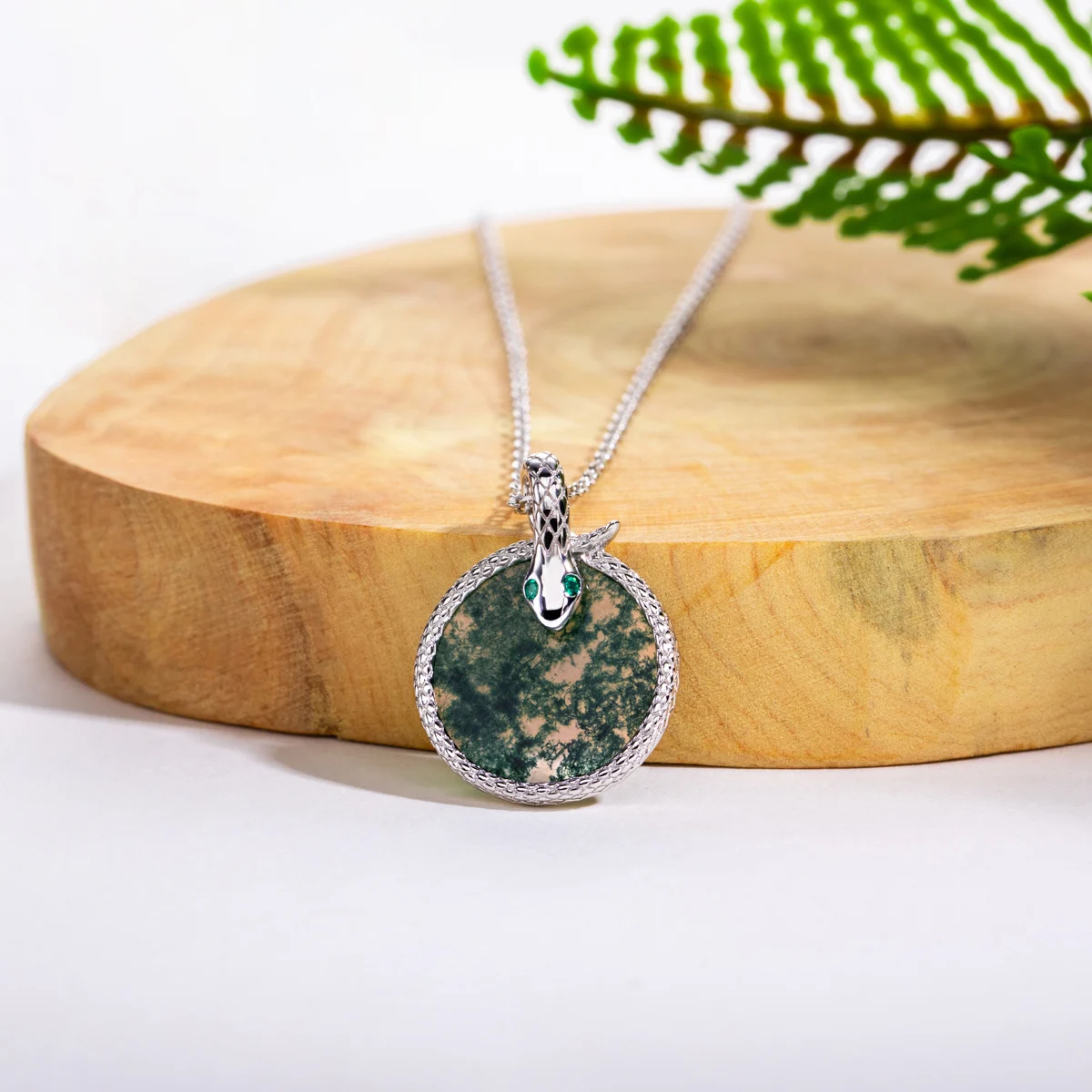 AliMoss 14*14mm Round Cut Moss Agate Snake Necklace 925 Sterling Silver CZ Pendant(18+2in) for Women Anniversary Birthday Gifts