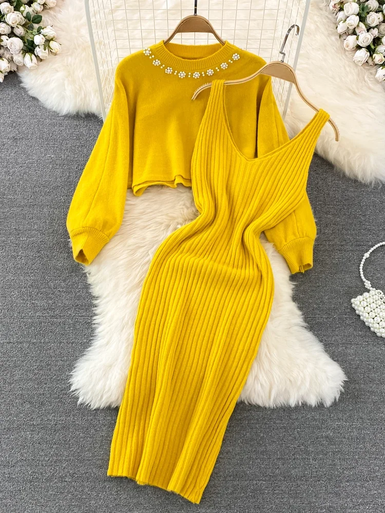 New Autumn Fashion Knitted 2 Piece Set Women Breading Long Sleeve Pearl Top+Knitted Camis Dress Female Sweater Suits 2024 Korea