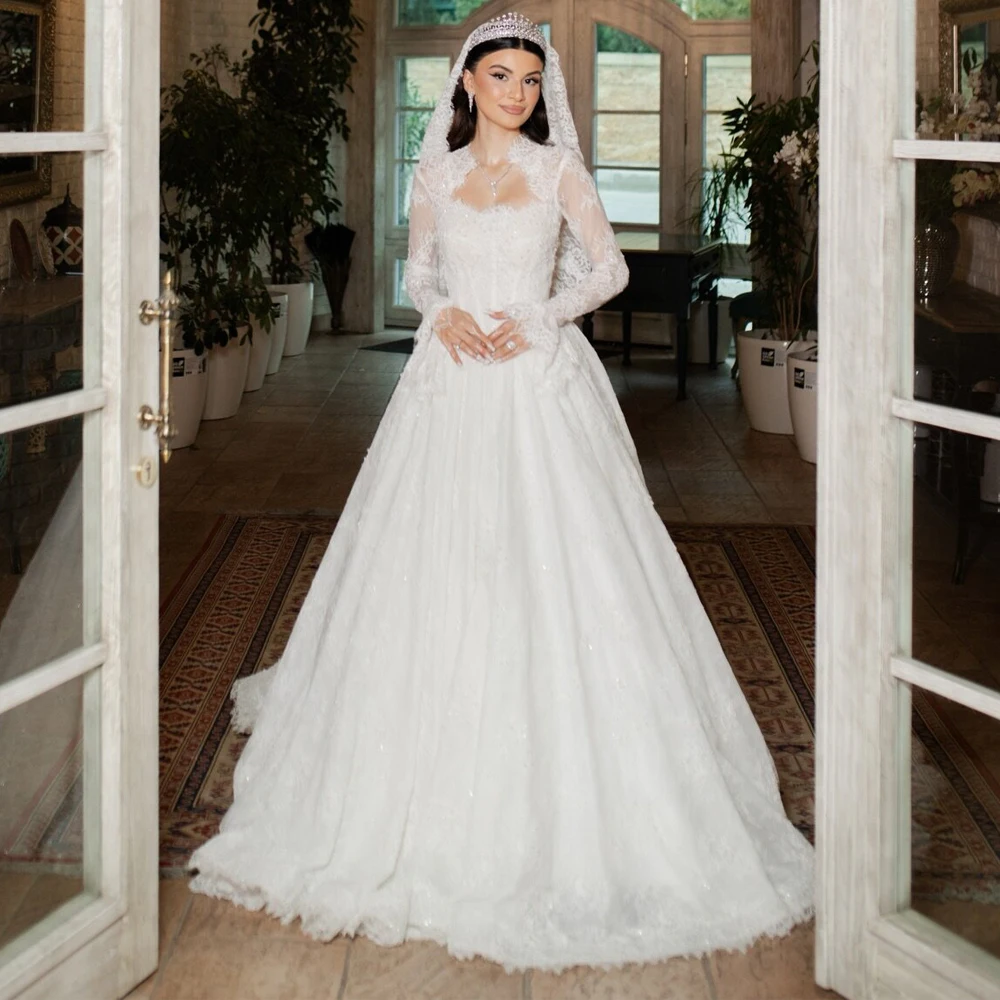 تخصيص أنيقة الكرة ثوب الدانتيل فستان الزفاف الحبيب اللؤلؤ ثوب الزفاف مع جرس كم Vestidos De Noiva