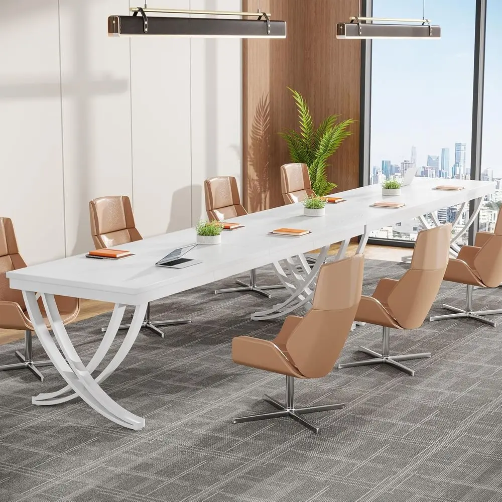 

6.5ft Rectangular Conference Table for 6-8 People, White Metal Frame, Ideal for Boardroom or Meeting Room (Set of 2)