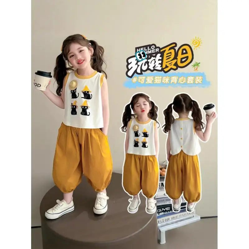 Children's Summer Thin Pants Set 2026 Summer New Style Girls' Stylish Small Fresh Cartoon Vest Two-Piece Set