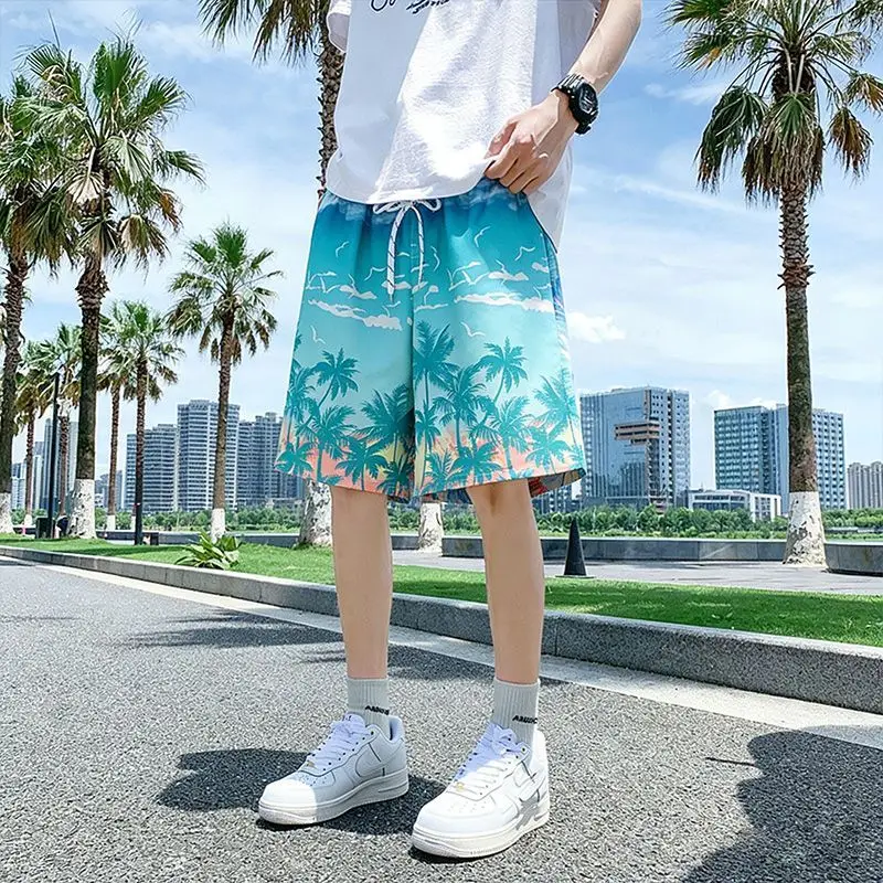 Men's Summer Ice Silk Shorts Breathable Loose Fit Printed 5 Inch Inseam Casual Sports Beachwear