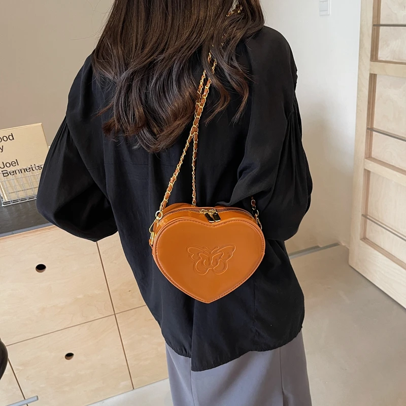 Bow Pu Chain Zipper Shoulder Bags Large Capacity Solid Sewing Thread Heart-shaped Crossbody Bags for Women 2024 Retro Portable