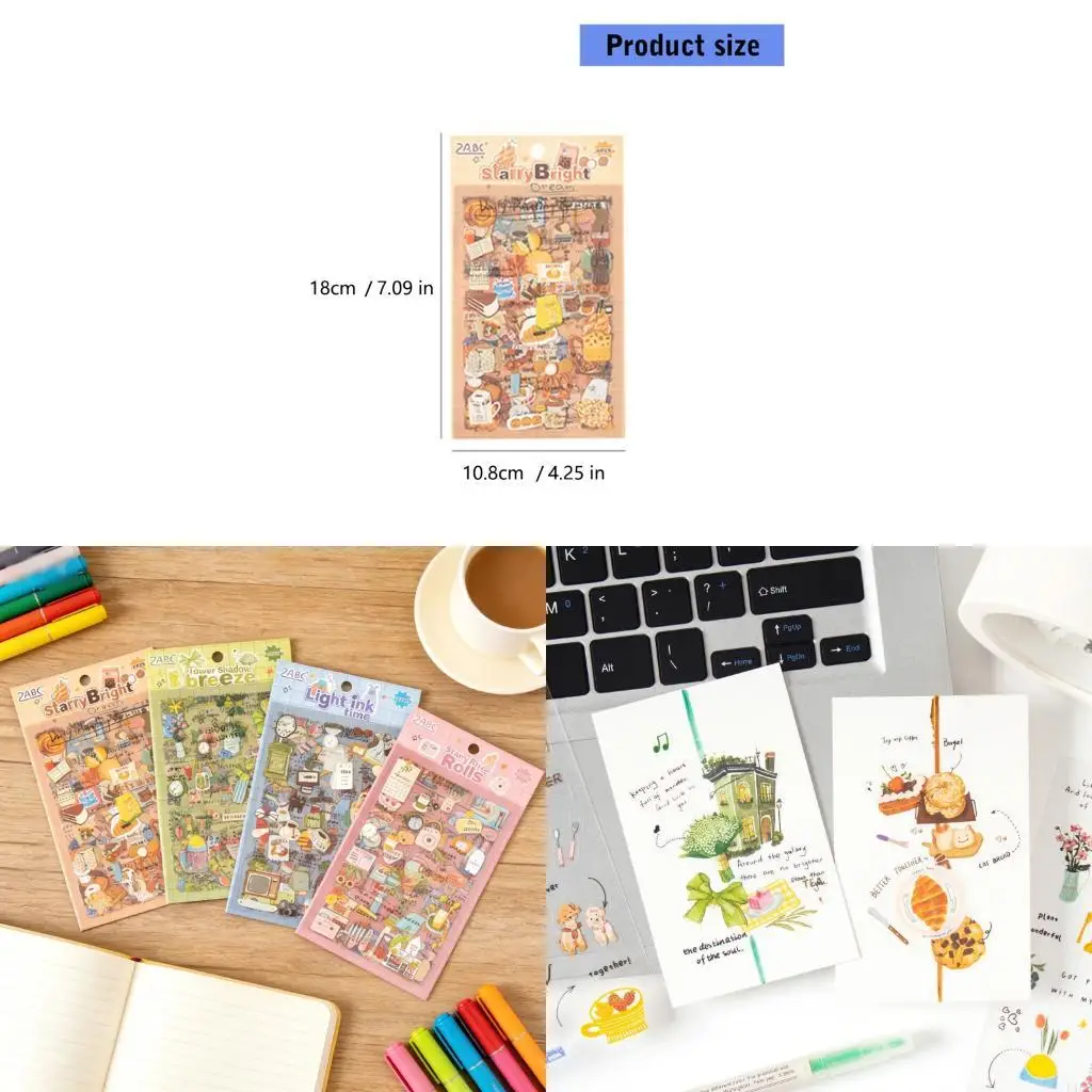 E1PF 6Sheets Journaling Sticker Waterproof Adhesive PET Sticker for Scrapbooking Notebook Phone Laptop Luggage Skateboards