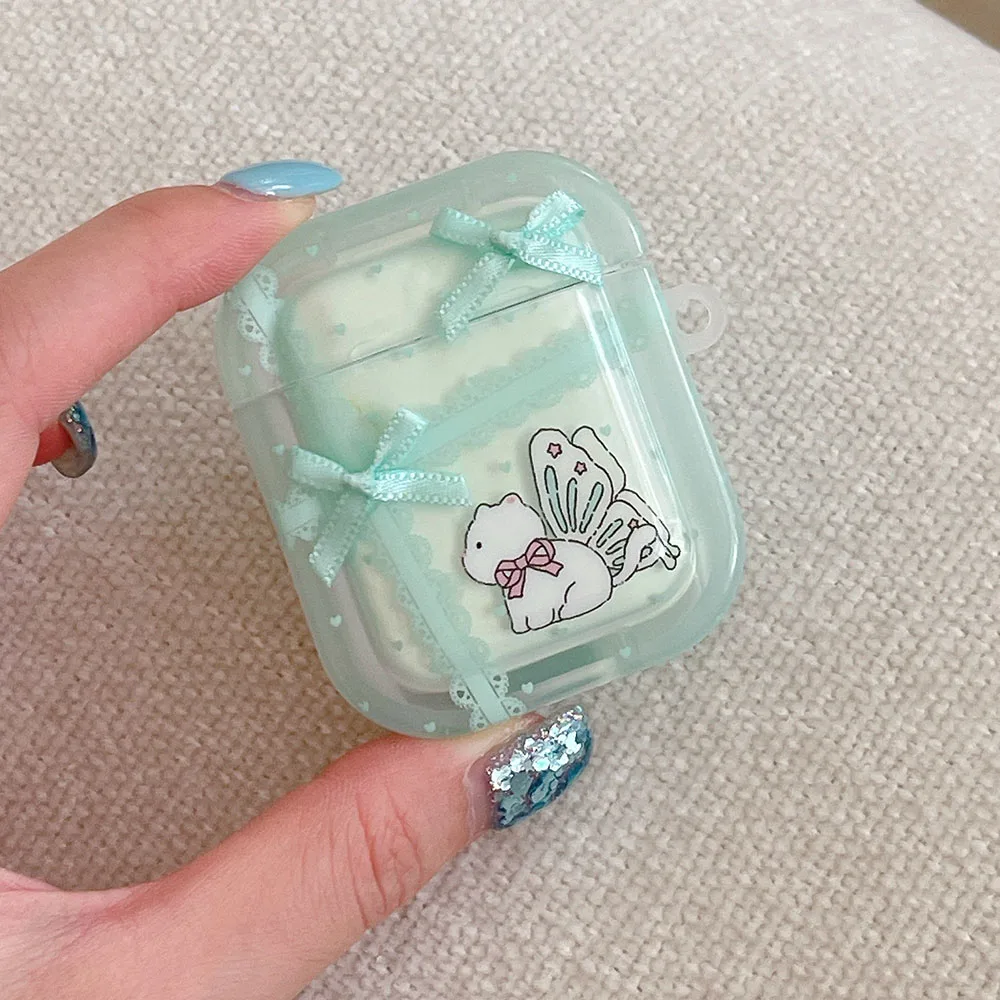 เคสหูฟังประดับคริสตัลรูปแมวดอกไม้ลูกไม้สีเขียวน่ารักสำหรับ Apple airpods 4 1 3 Pro 2ฝาครอบกล่องชาร์จบลูทูธไร้สาย