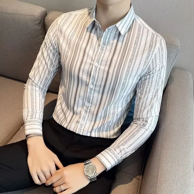 

Fashion Lapel Striped Printed Men Shirt Long Sleeved Business Formal Male Casual Shirts Streetwear Spring Social Men's Clothing