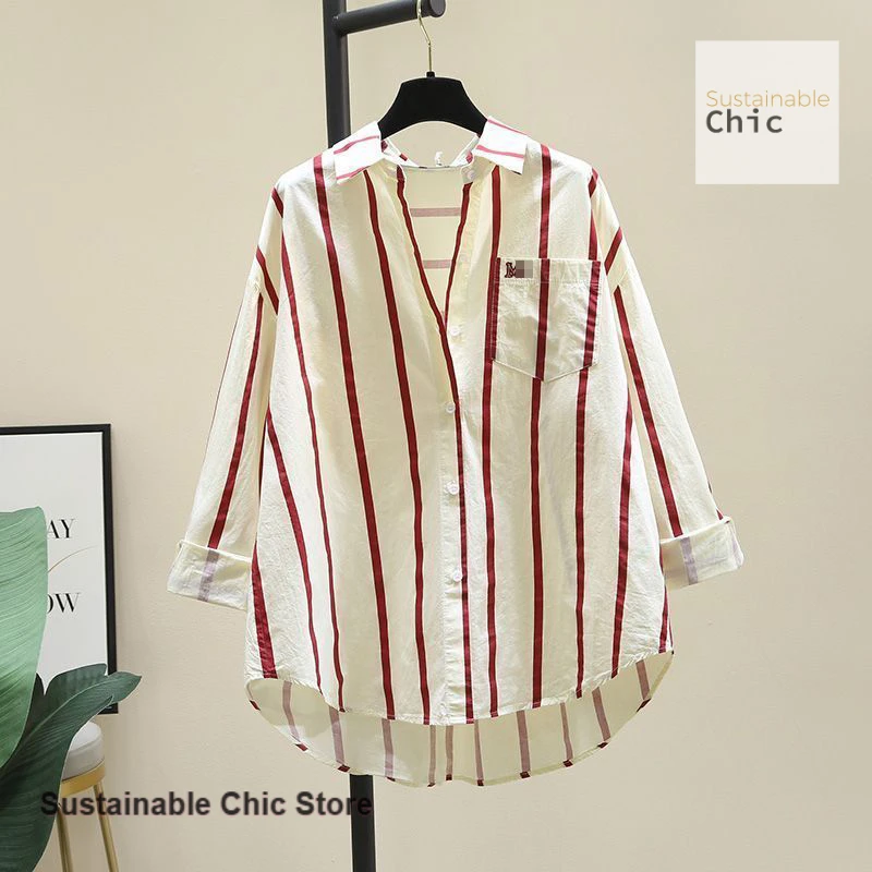 

French age-reducing green striped shirt women's spring and autumn new fashion thin loose casual Joker long-sleeved shirt