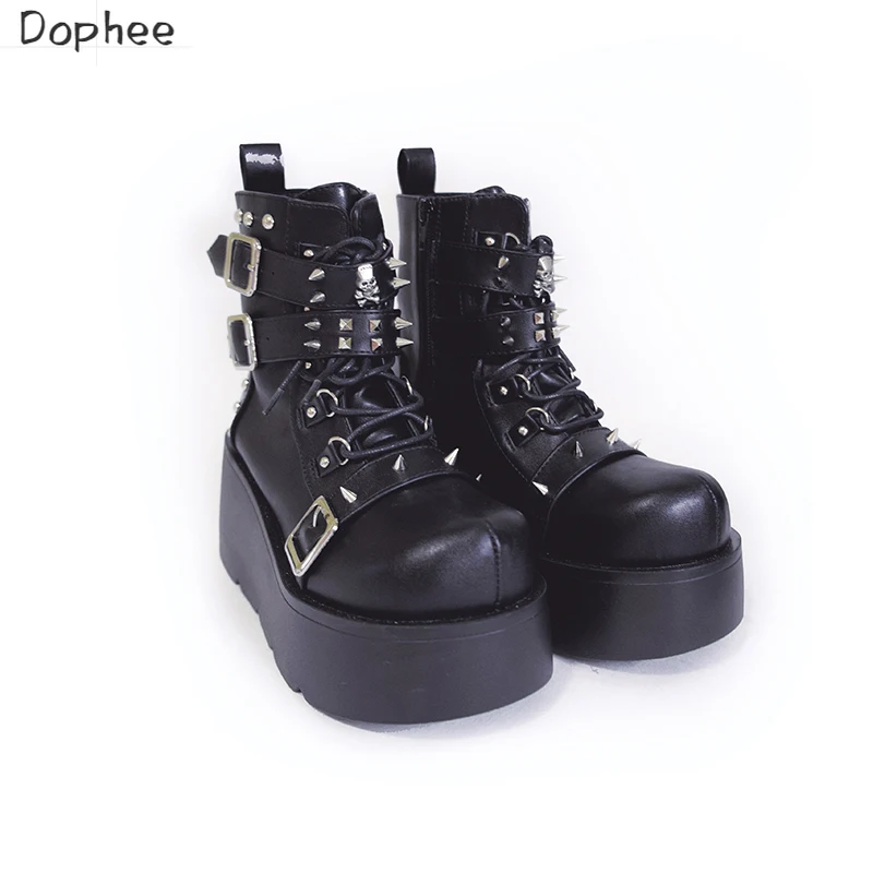 

Dophee Punk Style Platform Martens Boots Women's Muffin Shoes Spring Autumn Metal Rivet Ankle Boots Spice Girls Knight Boots