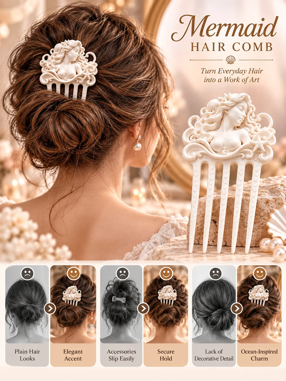 3D Printed White Mermaid Hairpin with Three-Dimensional Relief and Ocean-Themed Design, Compact and Exquisite, Five-Prong Design for Stable Updo Styling, Side Decoration Hair Comb, Suitable for Daily Commuting, Work, Students, and School Wear, Low-Key and Not Exaggerated, Easily Enhances Hair Style, Made of Lightweight White Pla Material, Easy to Wear, Suitable for Various Hair Colors and Styles, Daily Wear for Mermaid Enthusiasts, Versatile and Perfect Basic Hair Accessory view 6