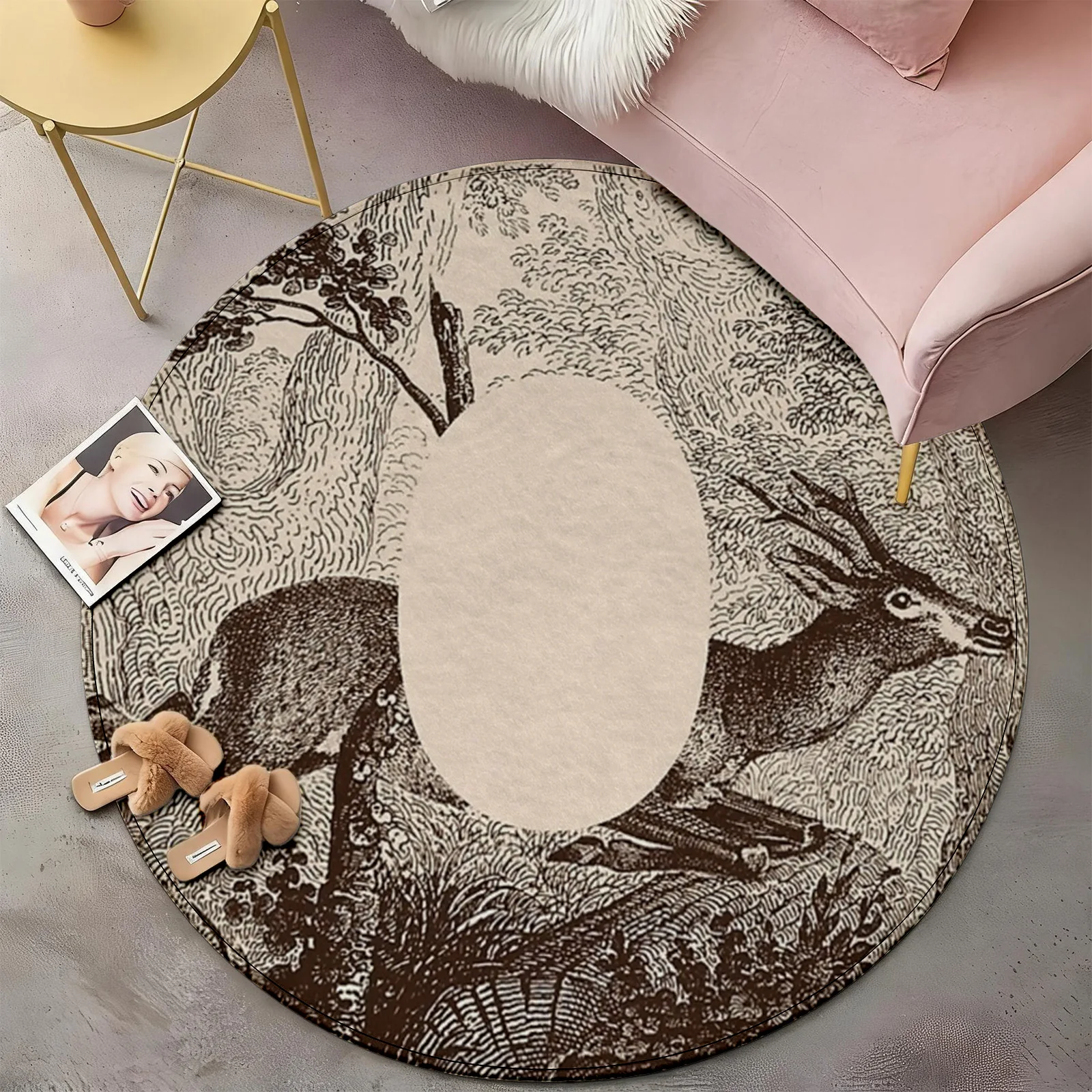 Stylish Round Deer Print Area Rug Boho Farmhouse Living Room Accent Carpet Wildlife Animal Pattern Decor Nursery Mat Islamic Sty - view 6