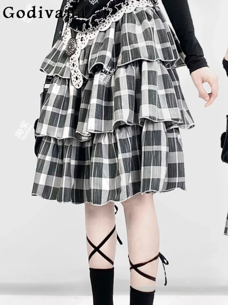 

Spring Summer Black White Plaid Cake Subcultural Elastic Waist Skirt Personalized Girls A-line Versatile Fashion Ruffles Skirts