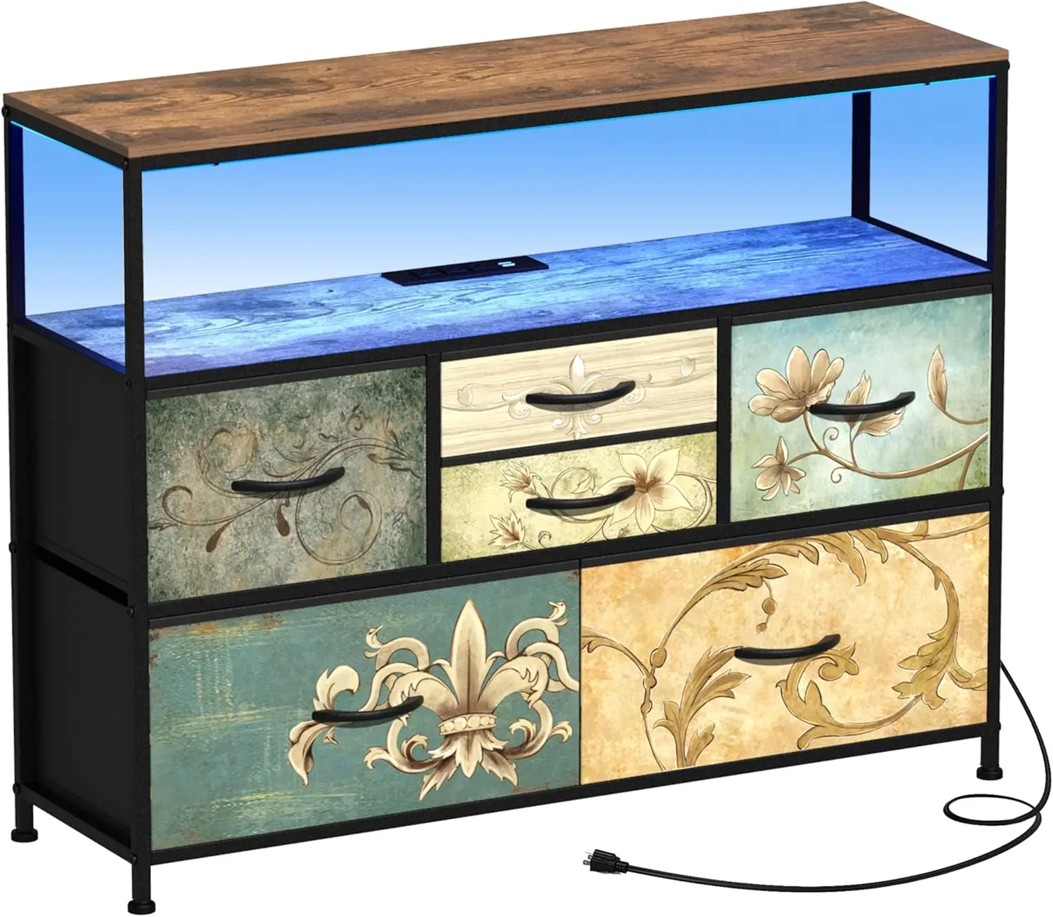 

TV Stand with Power Oulet Dresser with Charging Station & LED Light Dresser with 6 Fabric Drawers for Living Room Storage Che