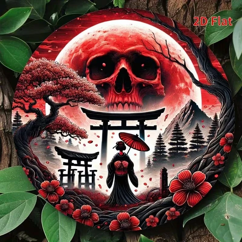 Round Metal Tin Sign Japanese Woman Torii Gate Blood Moon Cherry Blossom Wall Hanging Decor