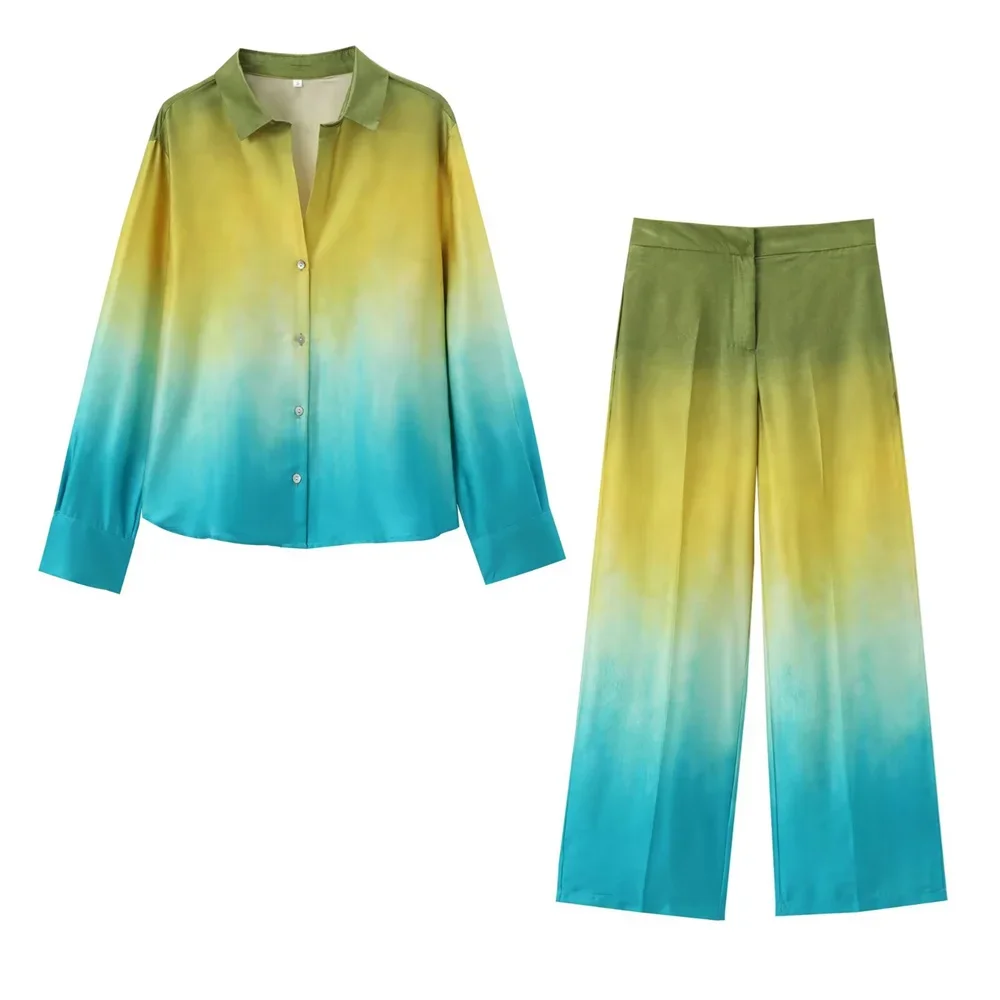 MSNOLOA 2024 Summer New Product Women\'s Fashion Casual Long Sleeve Tie Dyed Silk Texture Shirt Loose Silk Texture Pant Set