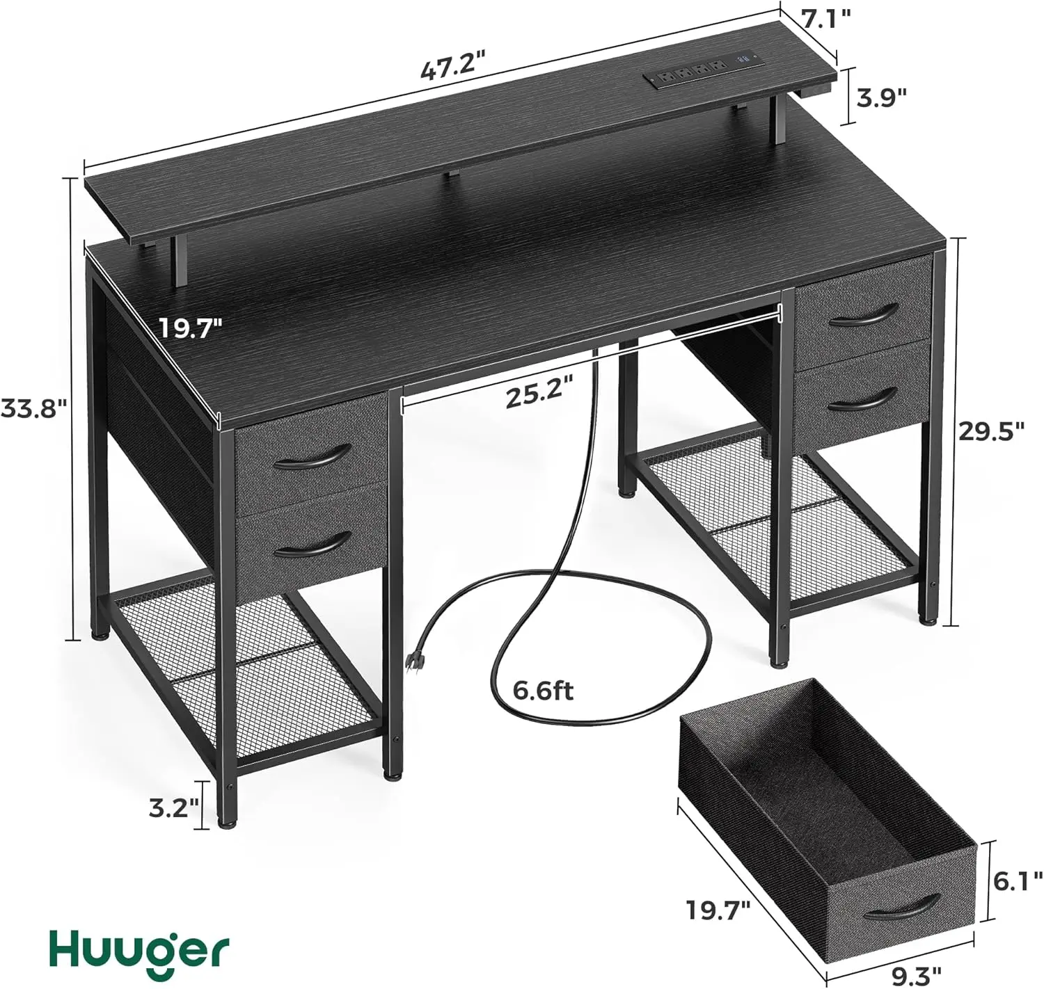 47 inch Computer Desk with 4 Drawers, Gaming Desk with LED Lights & Power Outlets, Home Office Desk , Work from Home, Black