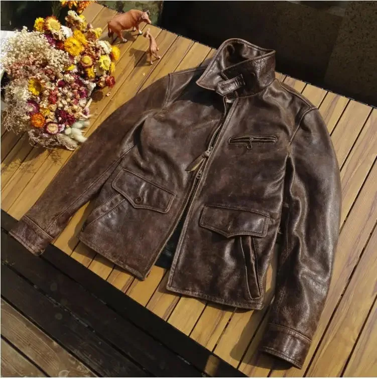 Free shipping.Men Frosted tea core cowhide coat.collect Vintage brown real leather outwear.slim soft fitness jacket