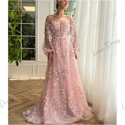 Lena Pink Elegant Party Dresses for Women Luxury Dresses Women 2024 Line A Long Sleeves Hand Embroidery Floral Lace Round Neck