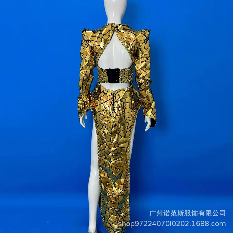 Robe de luxe à paillettes dorées, jupe Sexy à fourche haute, réunion annuelle, atmosphère digne, robe d'hôte, modèle Catwalk Chic, robes à paillettes