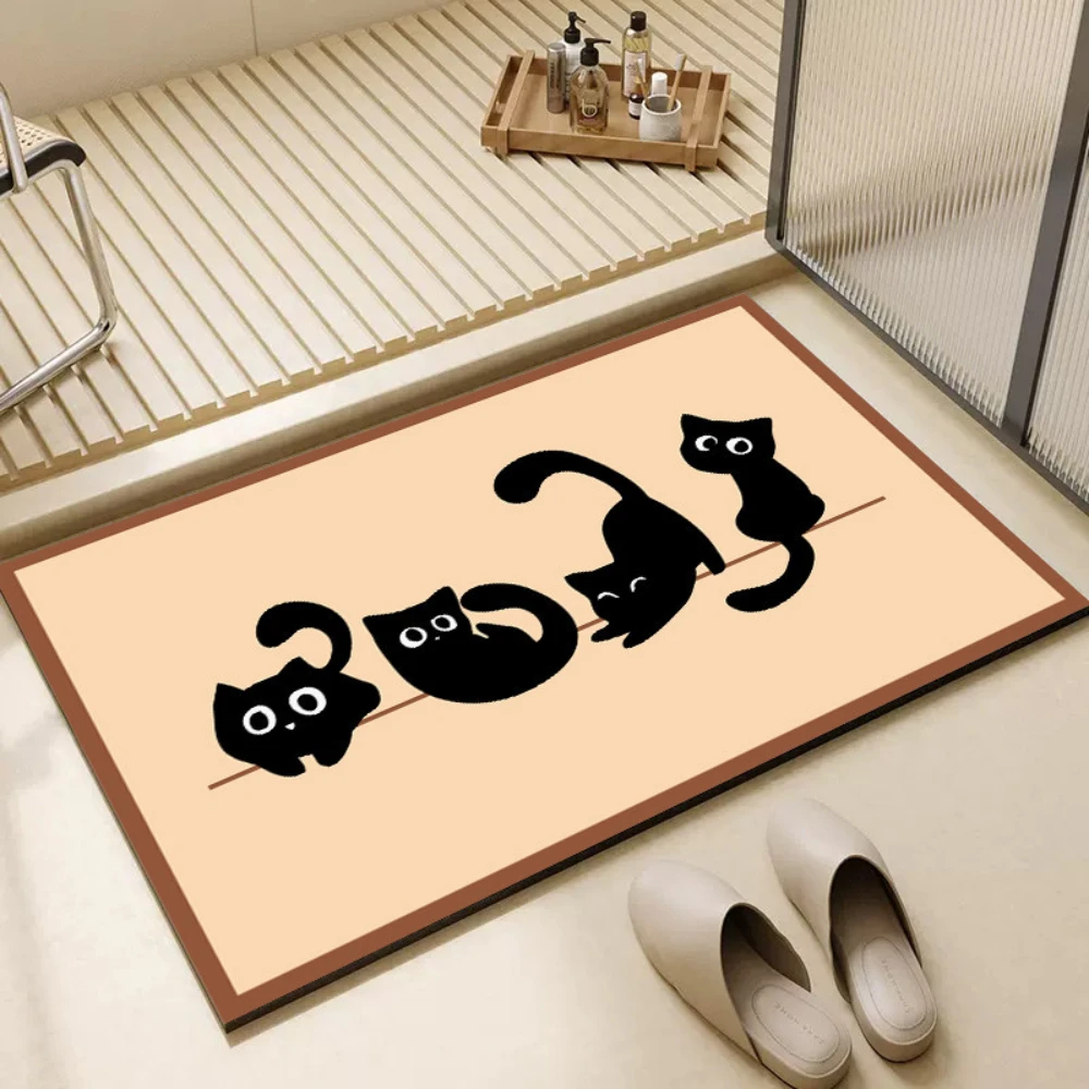 Brown Stripe Black Cat Printed Bath Mat Quick Dry Entry Rug Cartoon Kitten Letter Graphic For Front Door Absorbent Mat