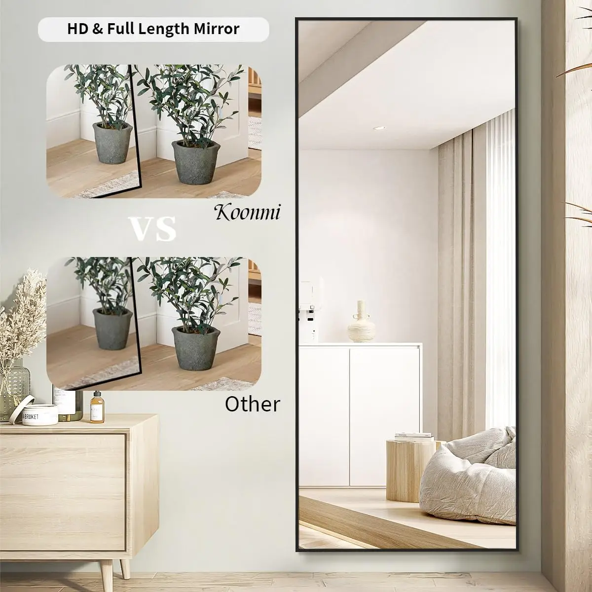 Full Length Floor Mirror with U-Shaped Stand Oversized Black Mirror Bedroom or Living Room ShatterVue Technology Wall and Floor