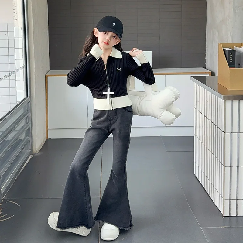 trajes-de-2-uds-para-ninas-adolescentes-abrigo-tejido-de-color-contrastante-con-lazo-para-ninas-jovenes-conjuntos-de-vaqueros-con-corte-de-bota-para-ninas