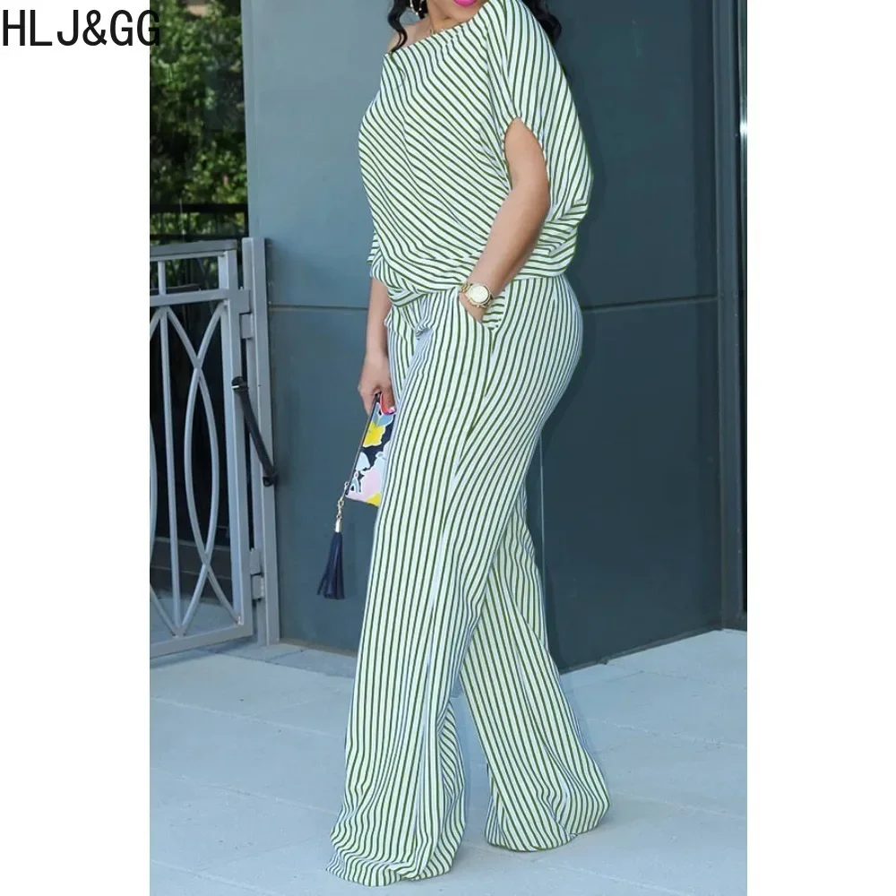 HLJ&GG Elegant Office Lady Stripe Print Two Piece Set Outfits Women One Shoulder Short Sleeve Top And Pants Female 2pcs Clothing
