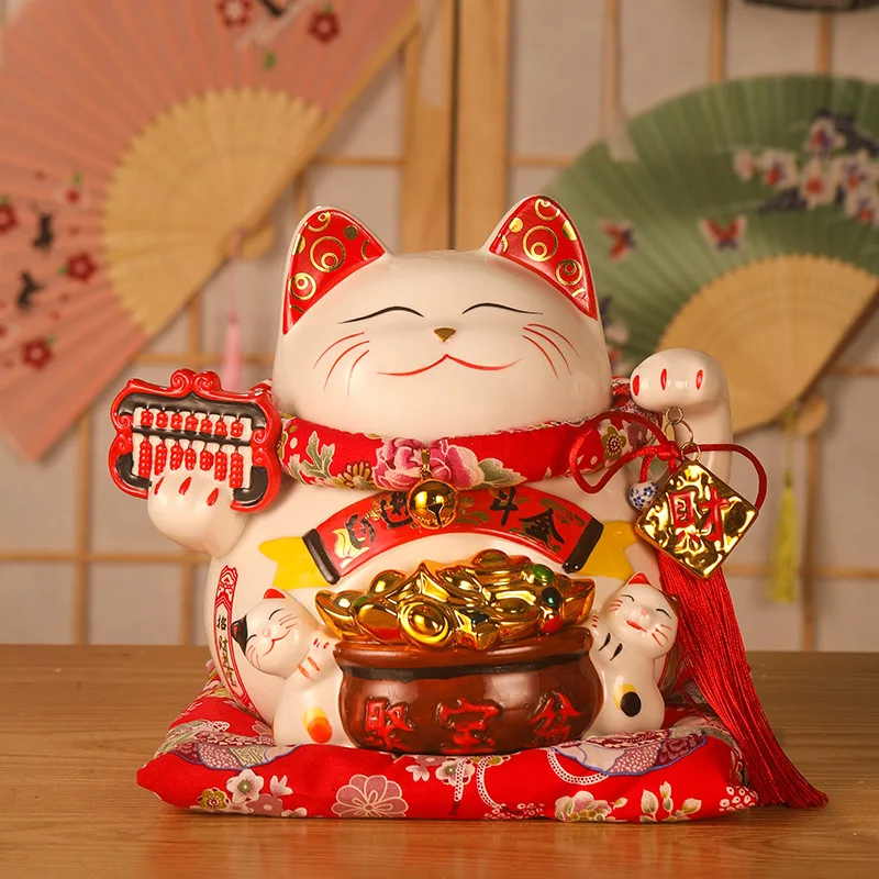 9Inch Red Ceramic Manaki Neko Feng Shui Decor Lucky Cat Beckoning Cat Piggy Bank Business Gift Home Decoration Money Box