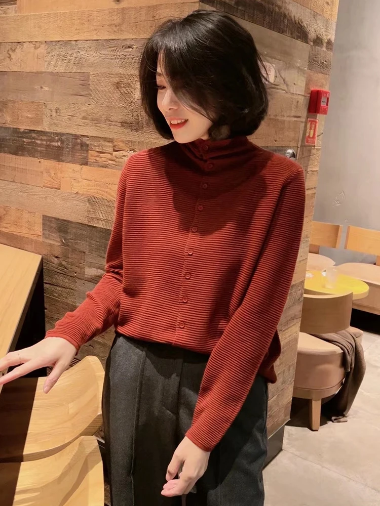 Faionable-Top de capa Base larga de punto de lana, Top Ele Commute Sle, ropa de otoño, Lin poético, ajuste holgado coreano con botones
