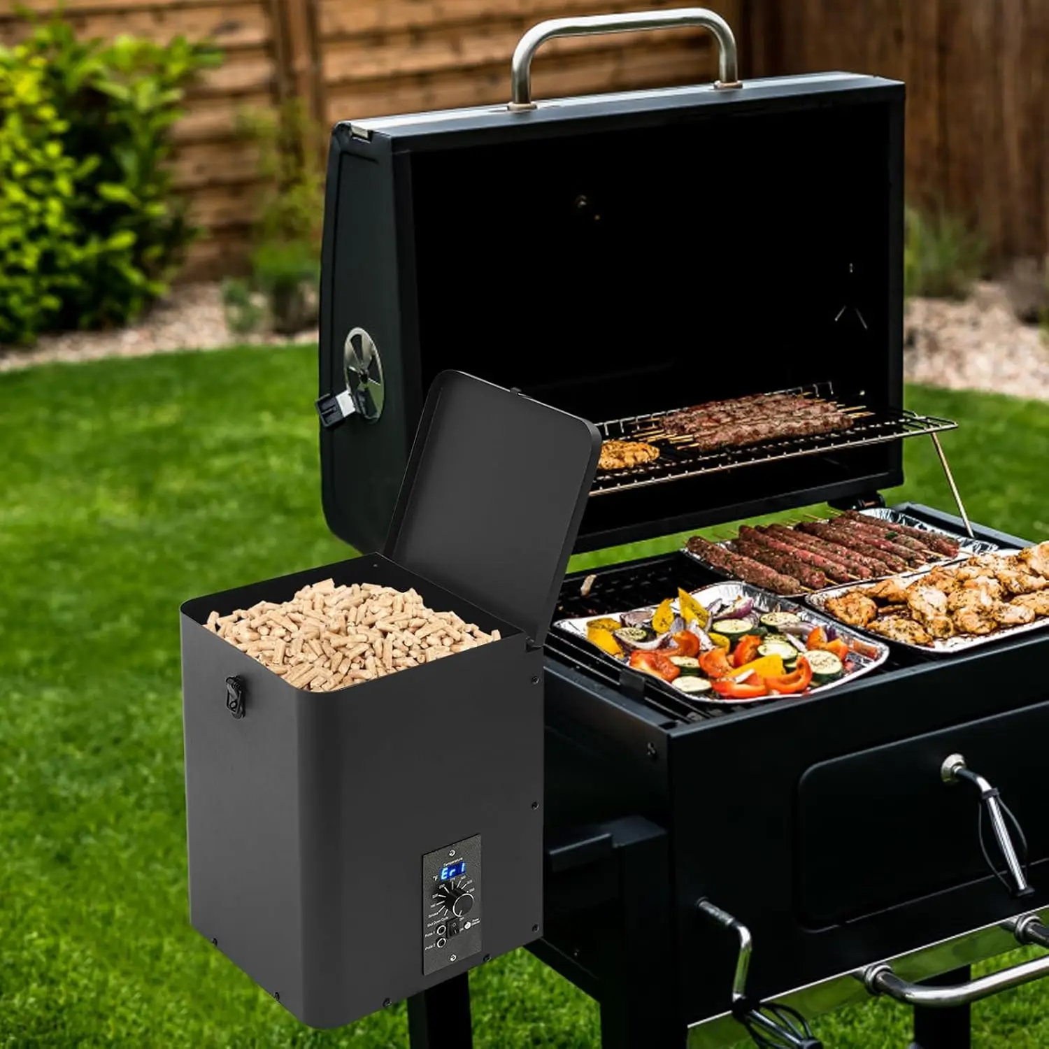 

Электрический гриль-коптильня на древесных пеллетах: вертикальный бункер для пеллет с двойным функциональным ветровым механизмом