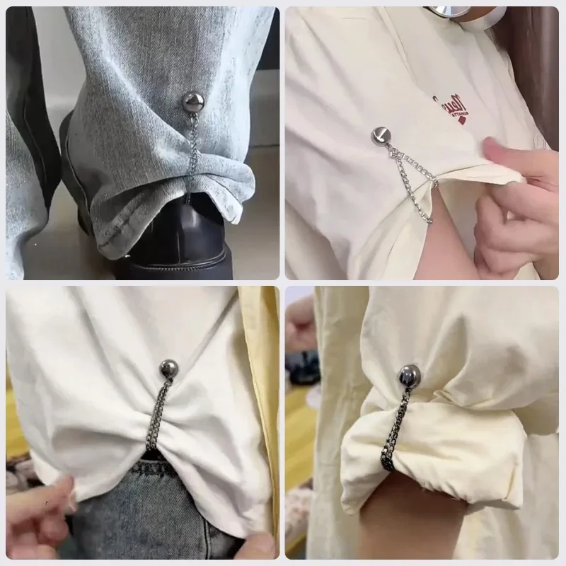 Multi-Function Magnetic Clothing Clip with Chain Metal Buttons Clip Clothes Scarf Trouser Legs Cuff Fixing Magnet Pin Decor