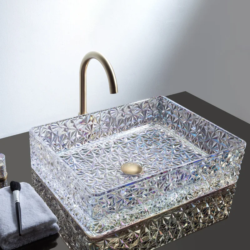 Crystal glass wash basin face tray light luxury square large size table home bathroom washbasin hotel