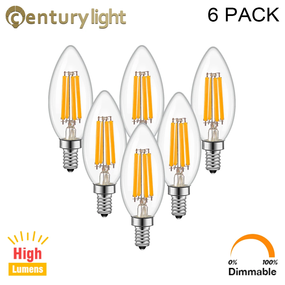 C35 Candle Led Bulb 6.5Watt Dimmable Filament Bulb 806lm 2700k Warm White E14 Candelabra Replacement Bulb For Chandelier Pendant