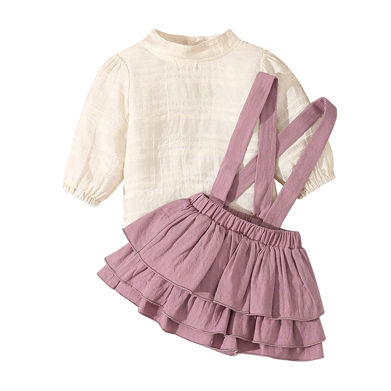 

Baby Girl Suspender Shorts Set Puff Long Sleeve Tops Solid Color Ruffle Shirt Toddler Bloomers Shorts Summer Clothes