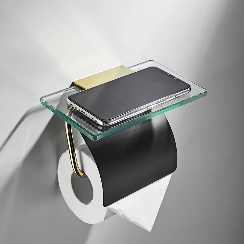 Black/Chrome Copper Bathroom Paper Towel Holder Toilet Wall Mounted Paper Plane Glass Mobile Phone Holder Bathroom Accessories