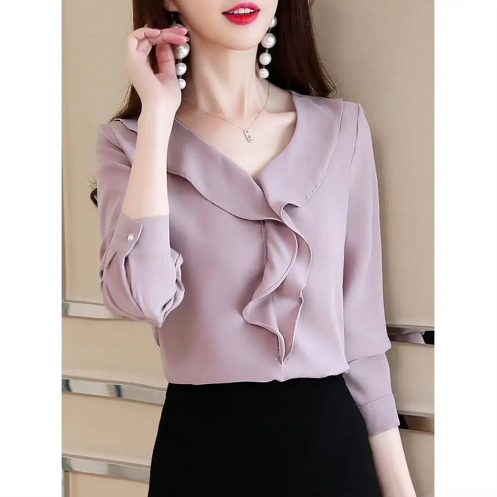 Camisa de Chiffon Manga Longa das Mulheres 2023 Primavera/Verão Novo Estilo Coreano Temperamento Camisa Moda Pliado Top