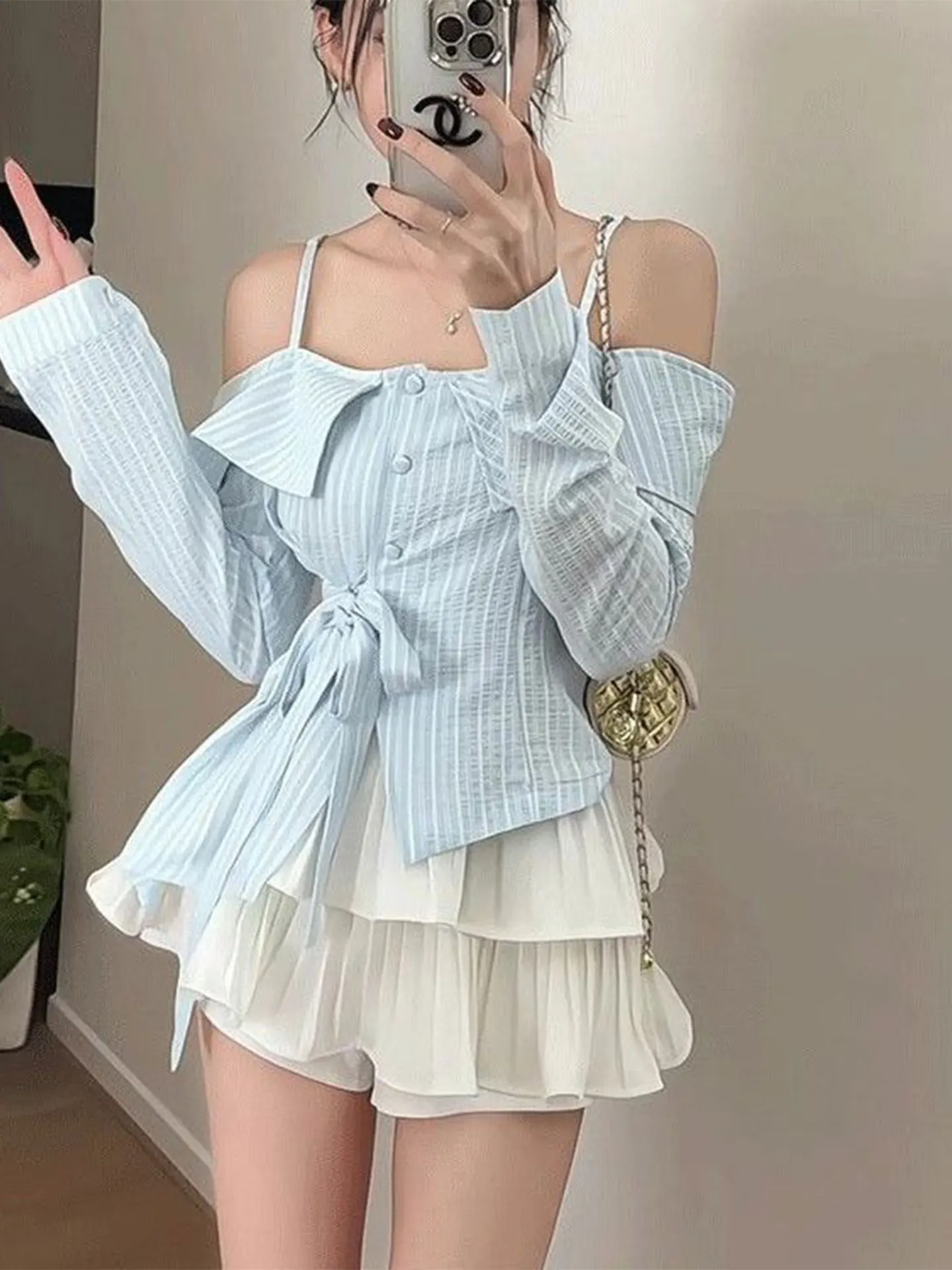 

Large Size Pure Desire Wind Shirt Women's Early Autumn White High Waist Pleated Cake Skirt Set Shoulder Exposure One Shoulder