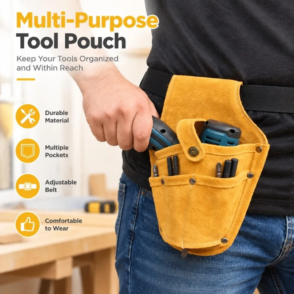 Cowhide Leather Tool Waist Bag Split Design High Strength Electric Drill Waist Bag Metal Snap Fastener Heavy Duty