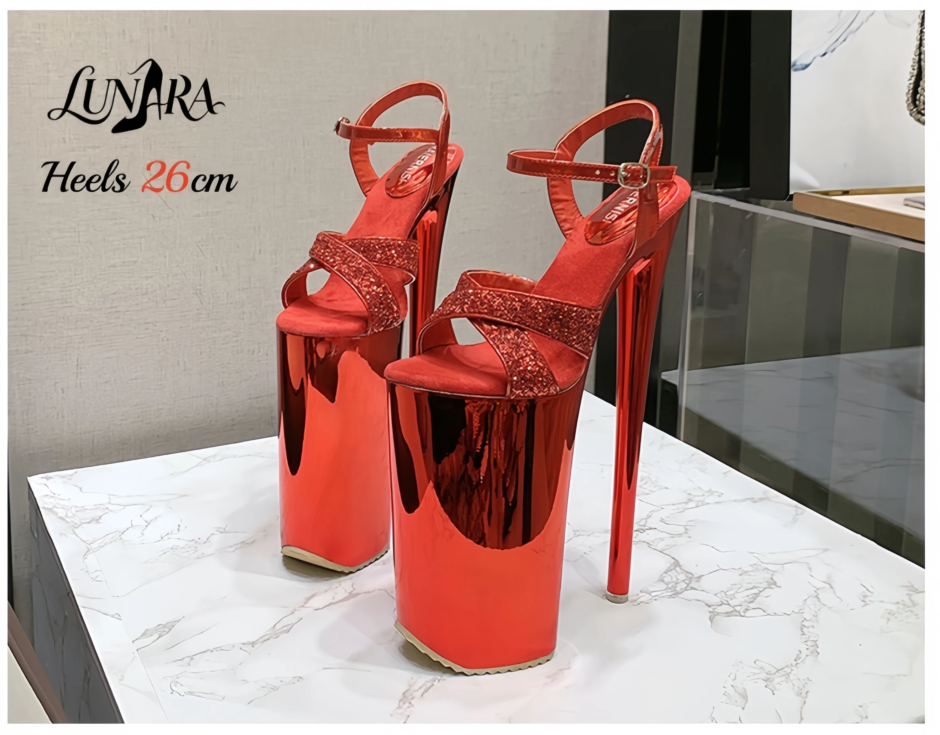 Ladies 26cm/10Inch Red Glitter Ankle Strap Buckle Open Toe Platform Extreme Stiletto Sandal Runway Pole dancing Nightclub Rave