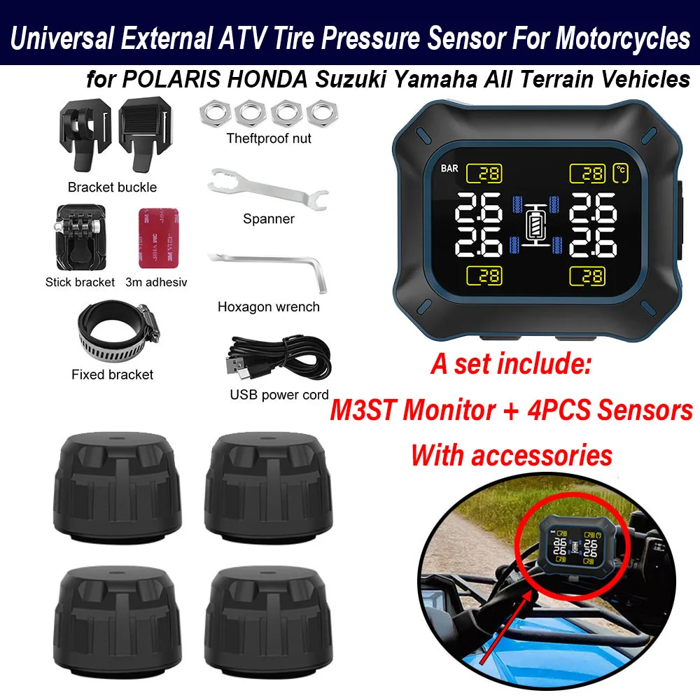 NEW External TPMS ATV Tire Pressure Monitor System M3ST Monitor LCD Display, 4 Sensor for POLARIS 4-Wheeled Motorcycle