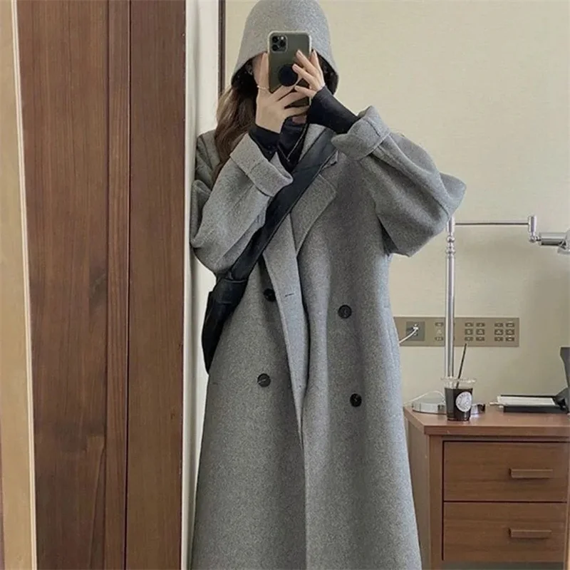 Hot Selling Korean Style Mid Length Front Shoulder Double Sided Woolen Coat For Women In Autumn And Winter Hepburn Style Outer