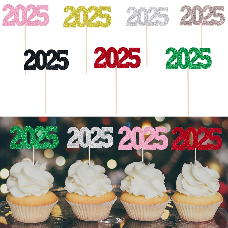 12pcs Gold Silver Glitter 2025 Cupcake Toppers Happy New Year Party Cake Decoration New Year\'s eve 2025 Supplies Christmas Decor