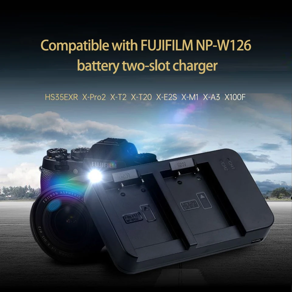 FB NP-W126s-B Dual Slot Type-C Input Port Portable Camera Battery Charger for Fujifilm HS35EXR X-Pro2 X-T2 X-T20 X-E2S X-M1