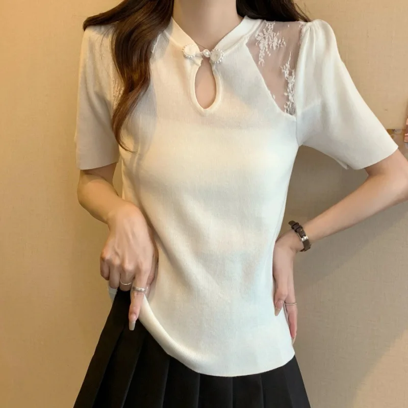 Short-sleeved Women's Embroidered Lace Sweater Thin Ice Silk T-shirt Top