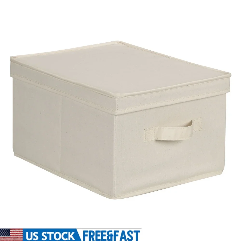 

Large Canvas Storage Box with Lid Stacking Organizer Seasonal Items Toys Clothes Home Dorm Folding Storage Solution