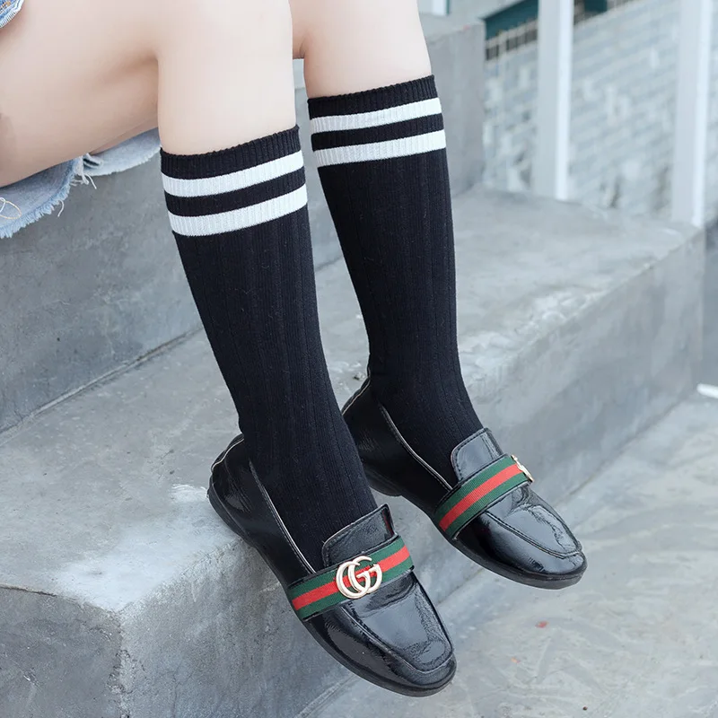 1 Pairs Kids Knee High Long Socks Autumn Winter Warmth Soft Cotton Children School Stocking Black White Stripes Sports Socks