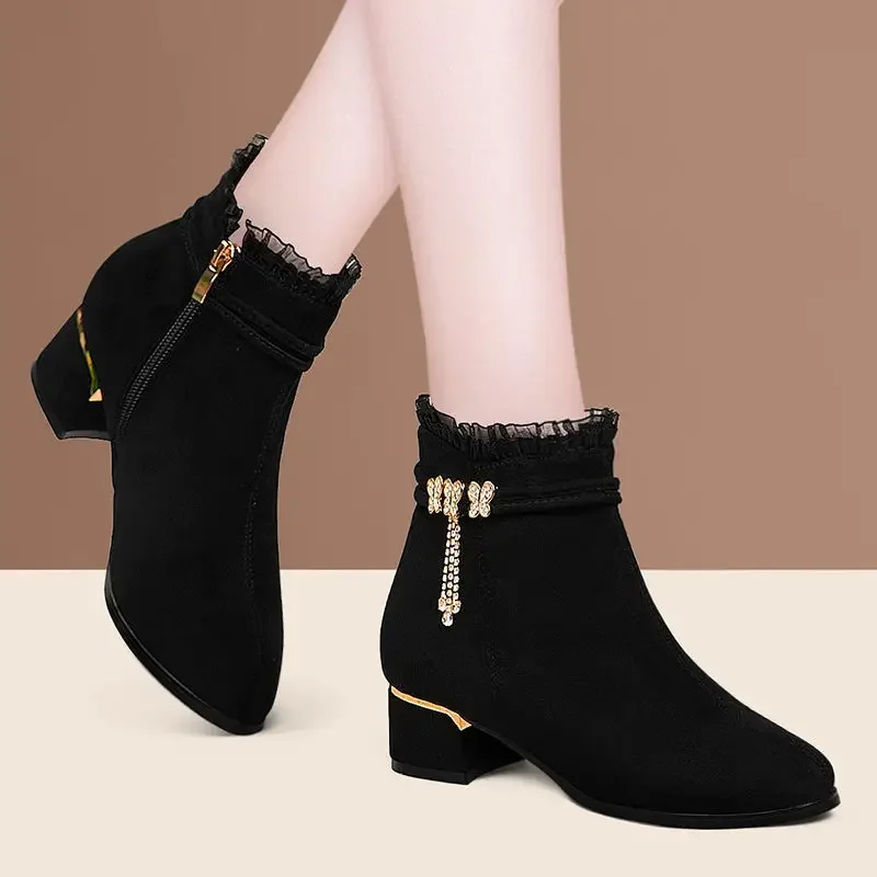 2025New Womens Boots Luxury Rhinestone Casual Boot Side Zipper Ankle Boots for Women Fashion Platform High Heel Boot Botas Mujer