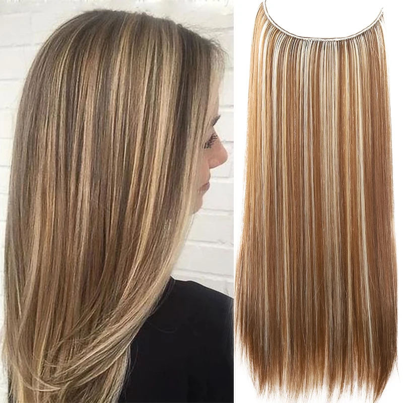 Nova concubina síntese 24 Polegada linha de pesca escondida segredo falso fêmea nenhum grampo de halo artificial cabello extensões de cabelo natural