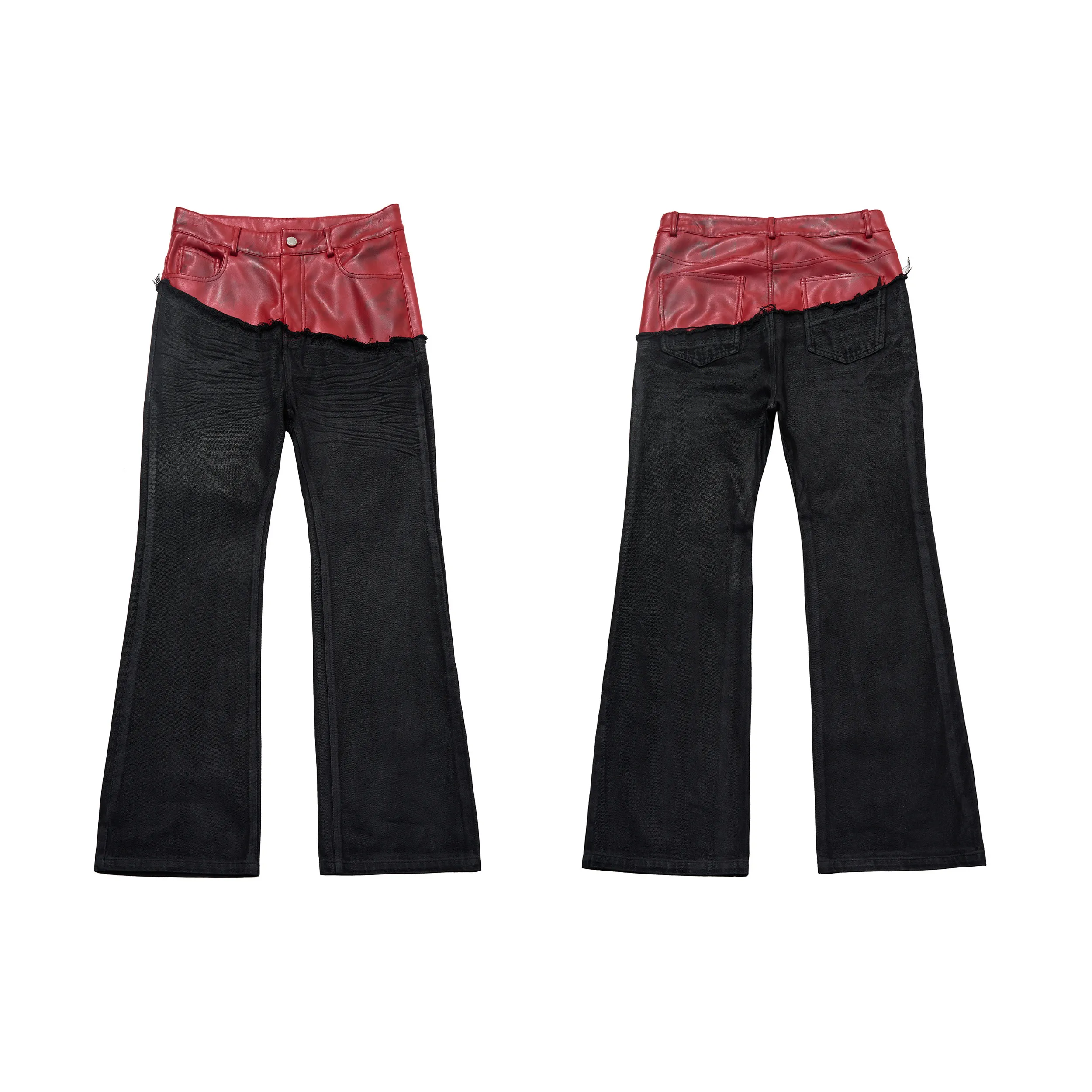 High Street PU Leather Spliced Double Waist Jeans Pants Men's Summer New Style Light Sub Black Brushed Wax Straight Leg Pants