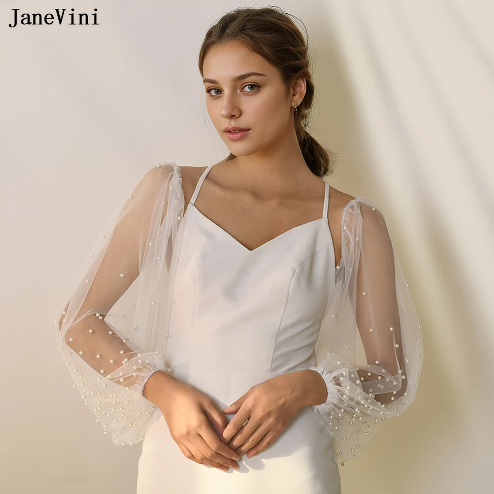 

JaneVini Роскошные свадебные перчатки с жемчугом и манжетами без пальцев, белый тюль со съемными рукавами-фонариками, свадебные аксессуары для невест