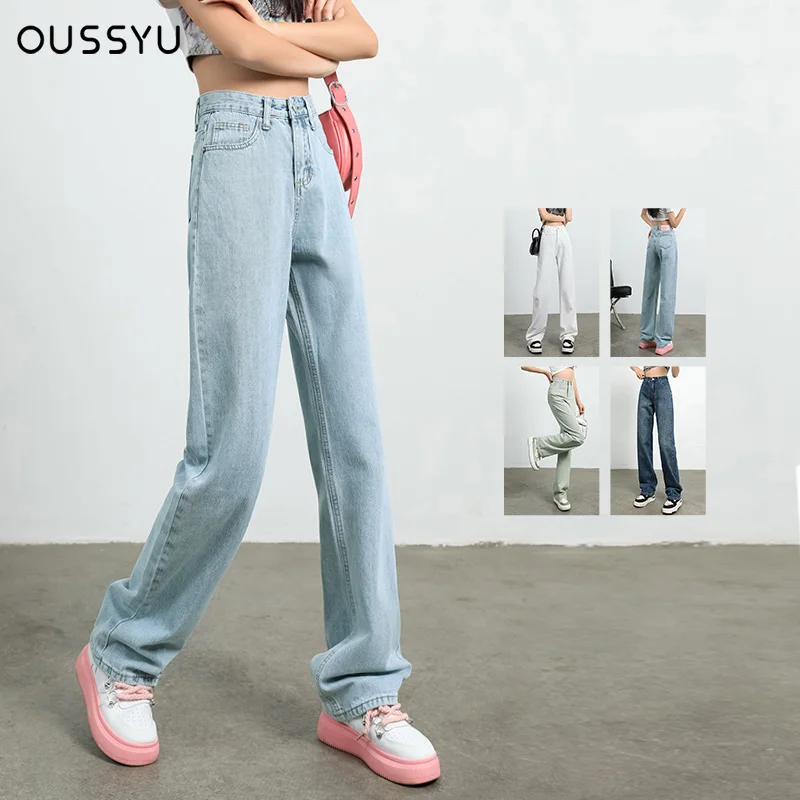 OUSSYU Brand Woman Jeans High Waist Wide Leg Cotton Denim Clothing Blue White Streetwear Vintage Fashion Harajuku Straight Pants